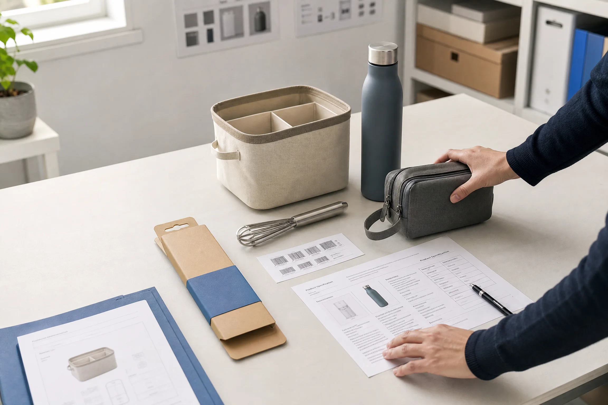 Revue d’échantillons et documentation produit sur une table de travail